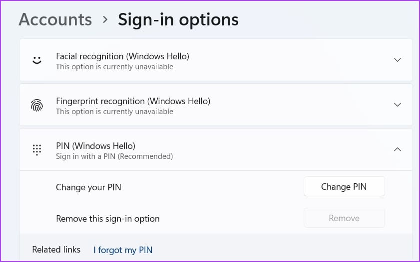 Remove this sign-in option is greyed out in the Settings app