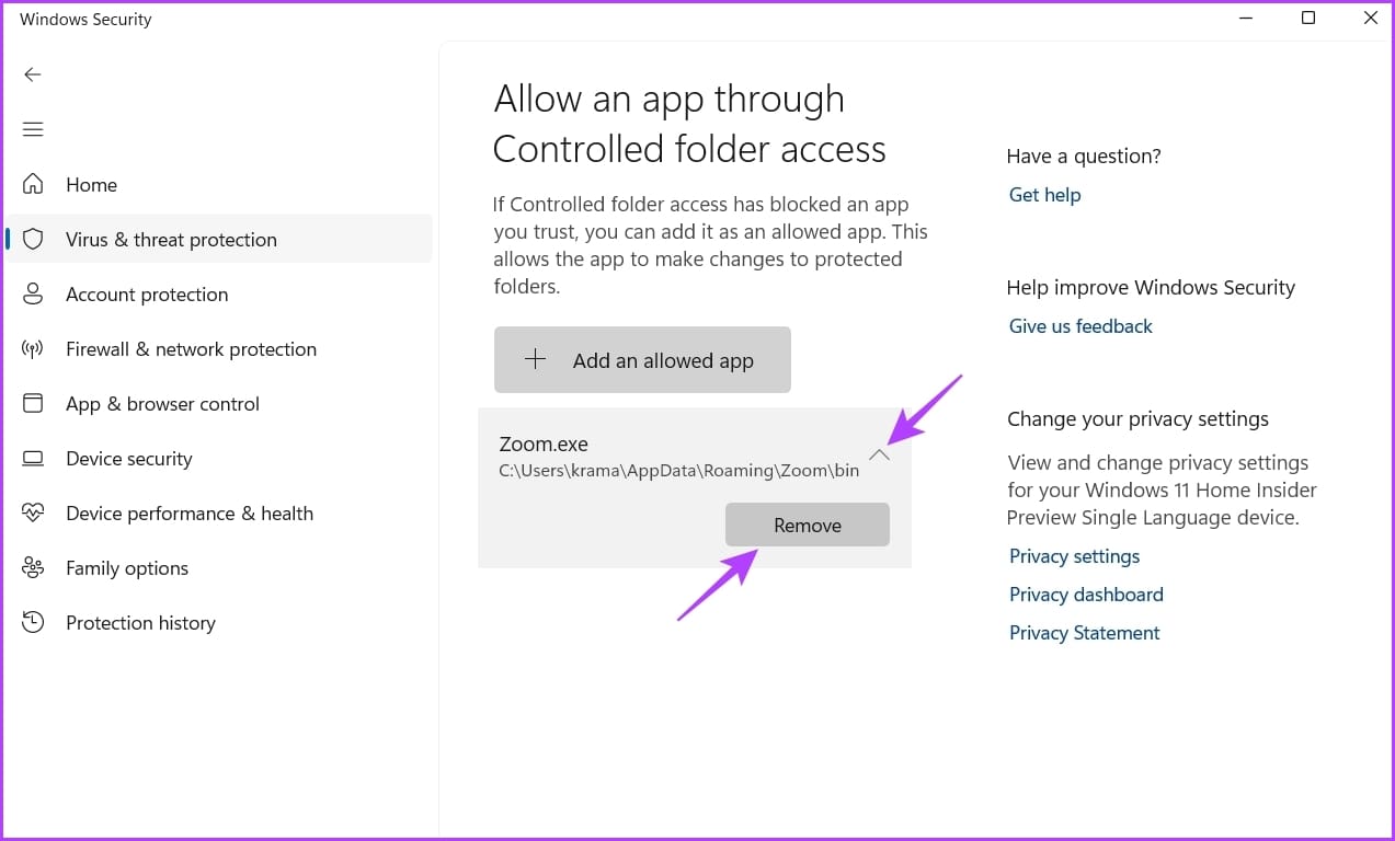 Remove option in Windows Security