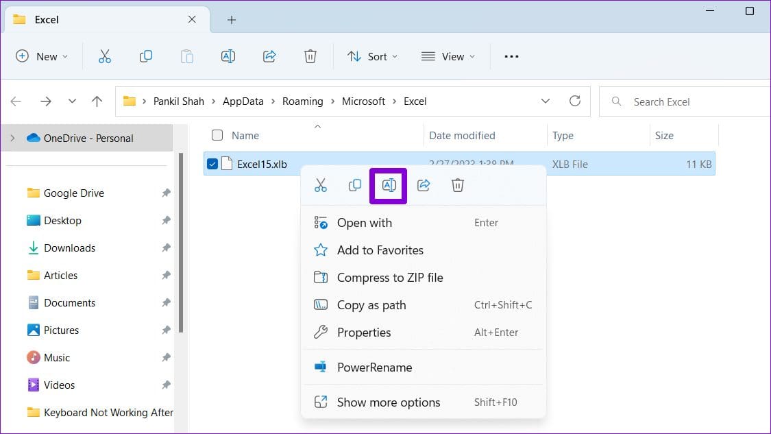 Rename Excel Toolbar File