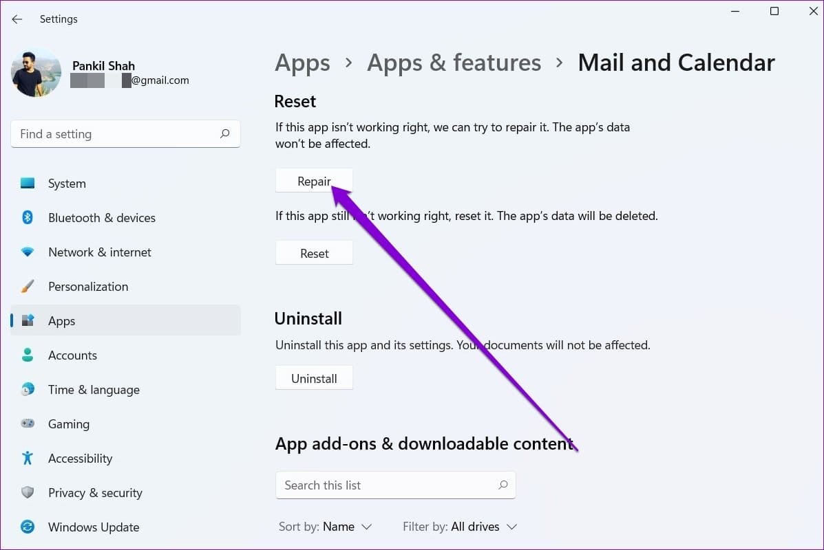 Repair Mail App on Windows