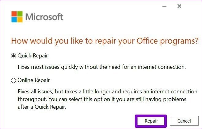 Repair Microsoft Office 365