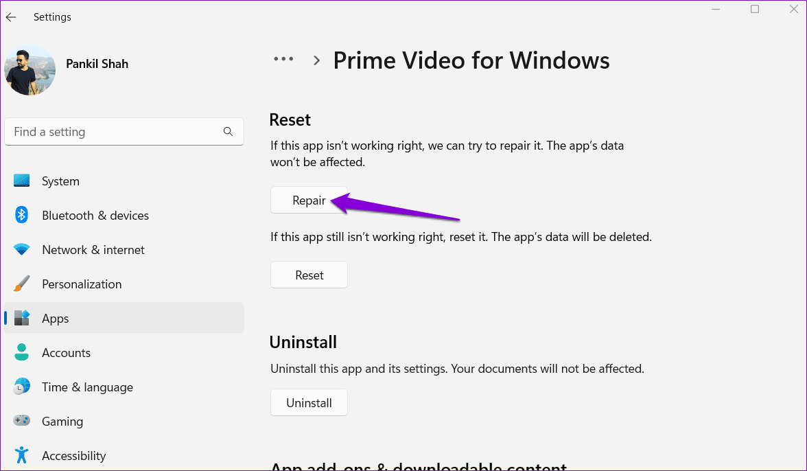 Repair Prime Video App on Windows