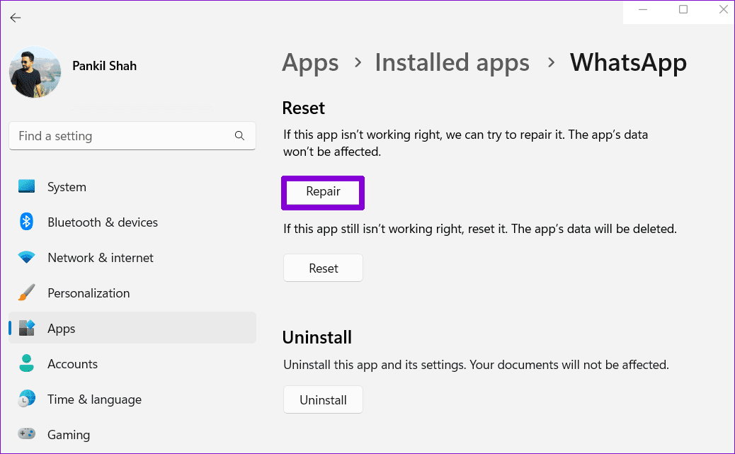 Repair WhatsApp on Windows 11