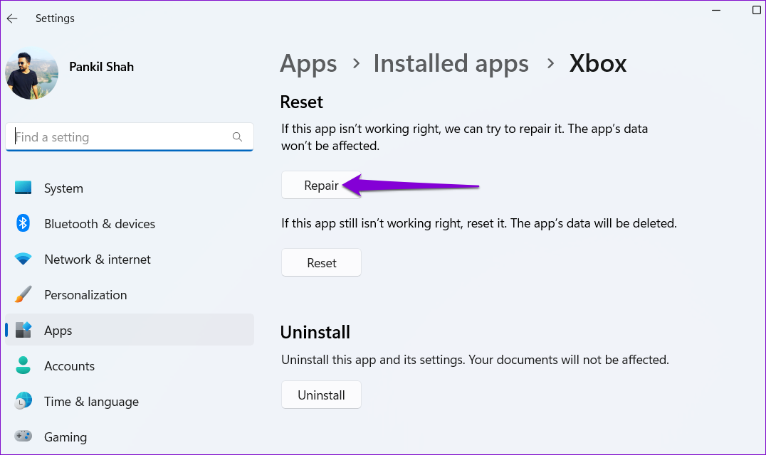 Repair Xbox App on Windows