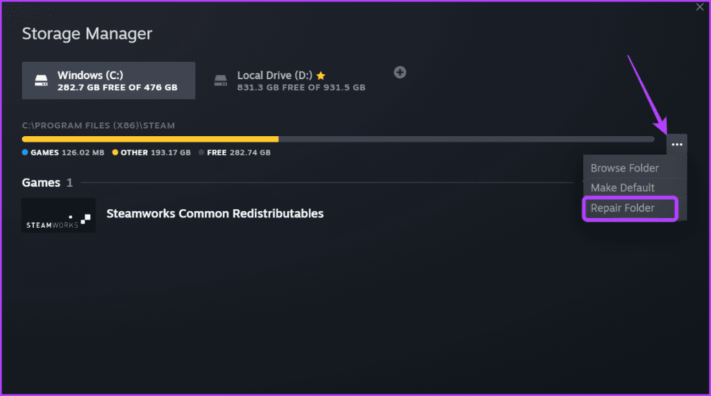 Repair folder in Steam Library folder