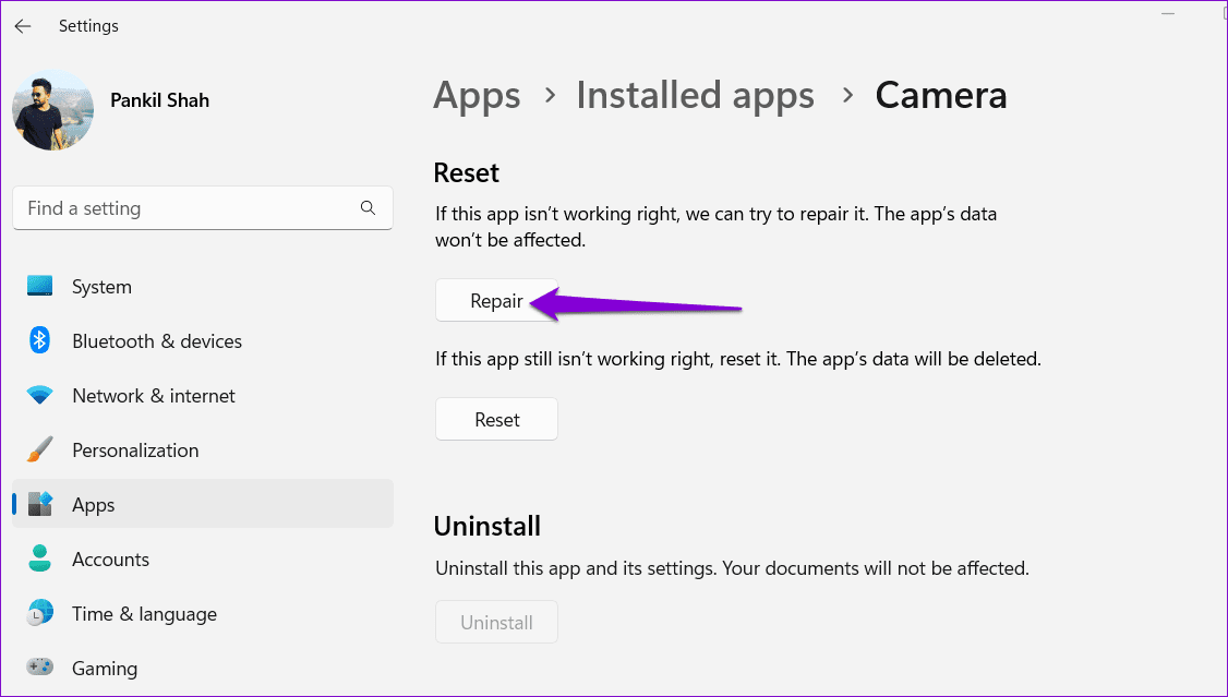 Repair the Camera App on Windows