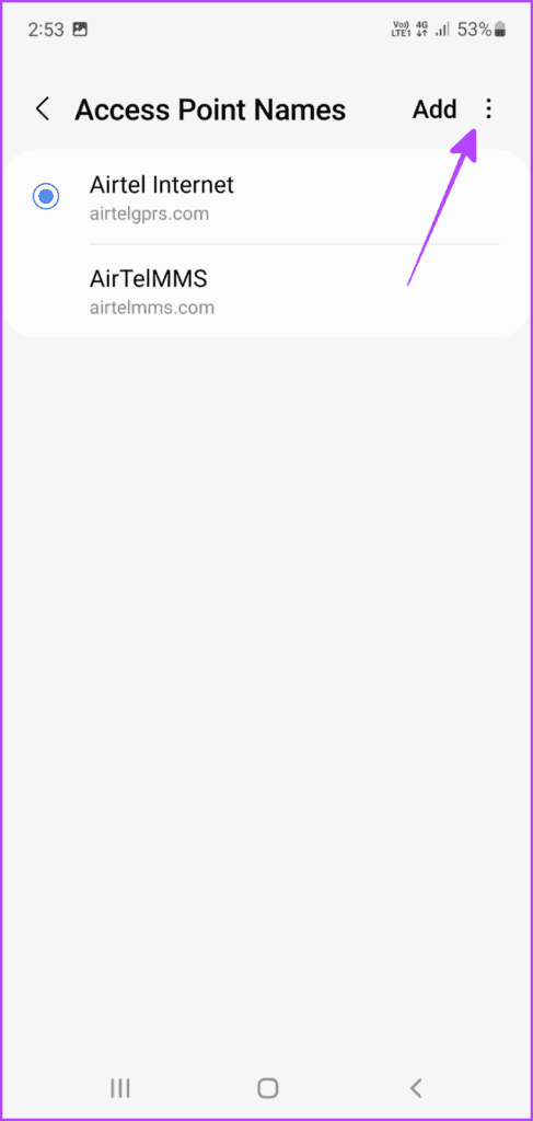 Select the three-dot icon to reset APN settings on Android phone