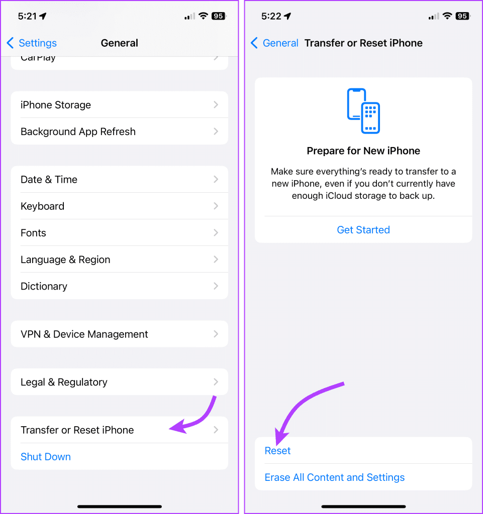 Tap ‘Transfer or Reset iPhone’ → Reset