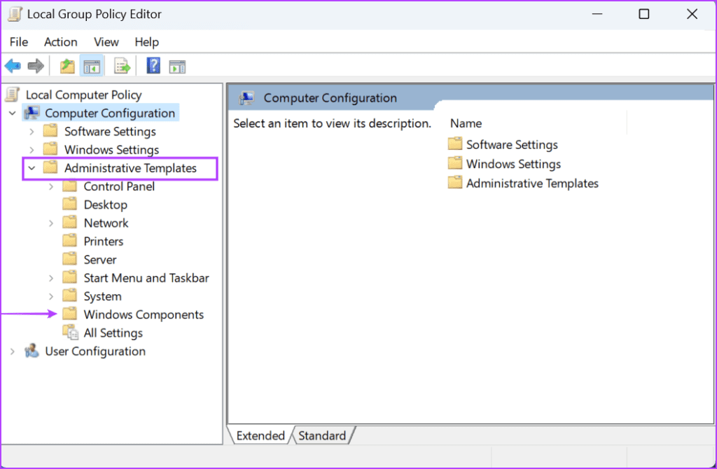 Group policy editor window