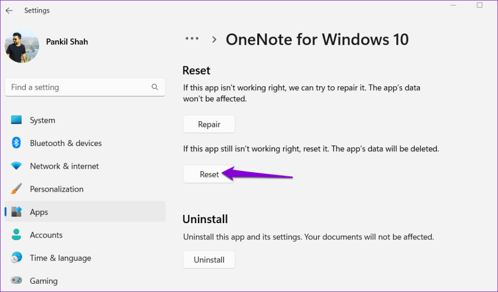 Reset OneNote App