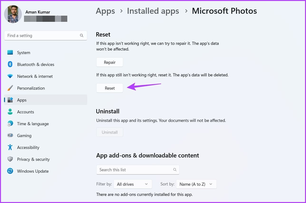 Reset Option in Settings