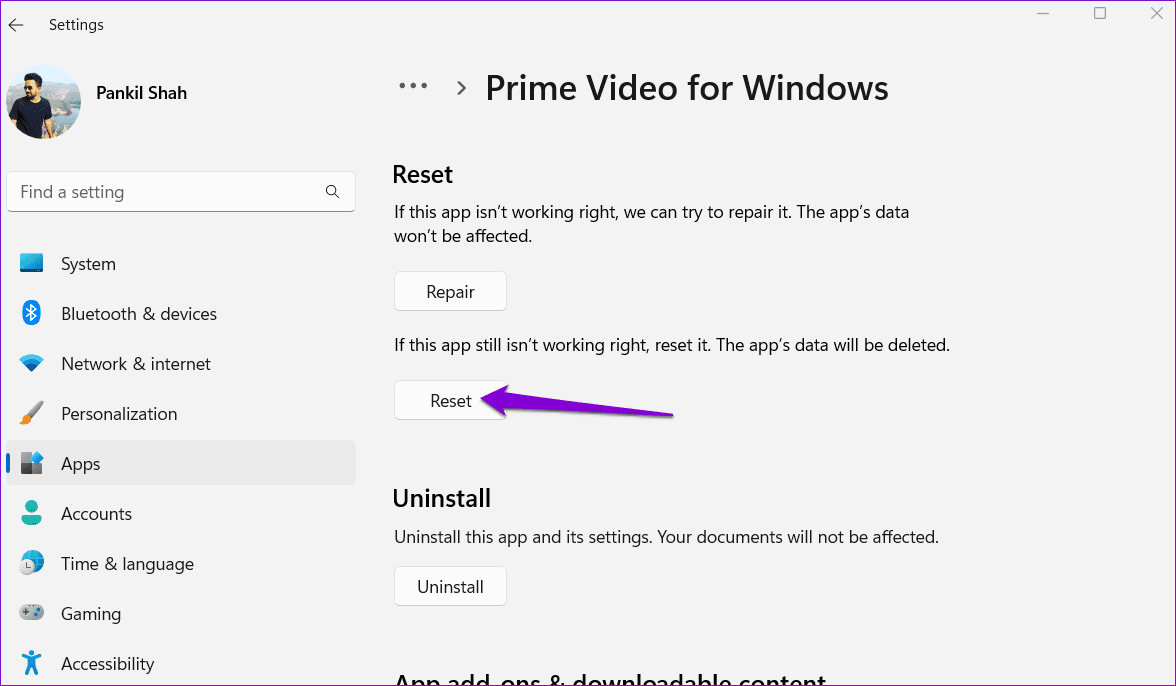 Reset Prime Video App on Windows