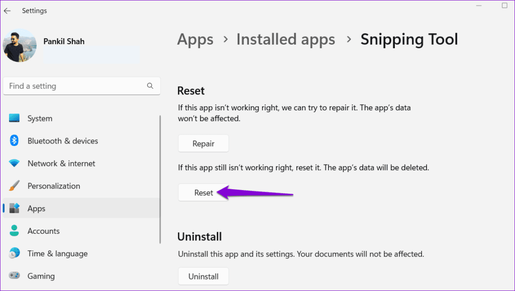Select reset to reset snipping tool