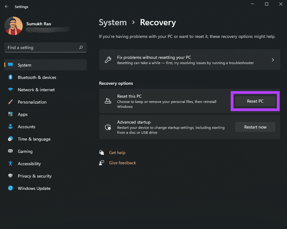 Windows 11 reset PC