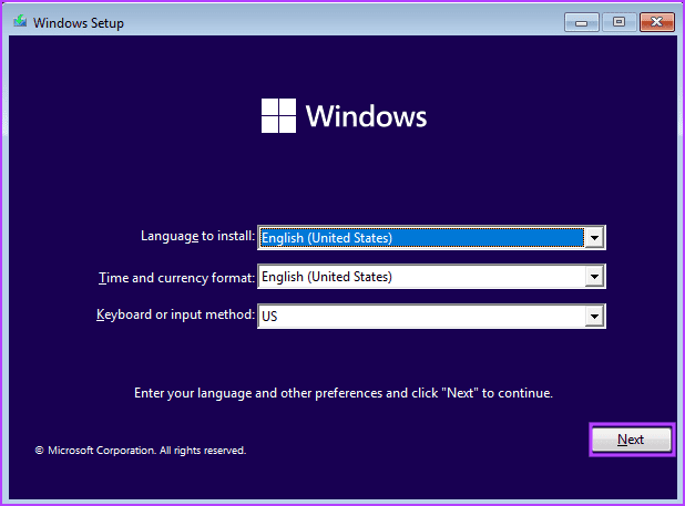 Windows installation setup window