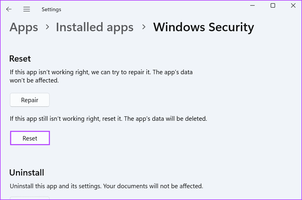 Reset Windows Security app