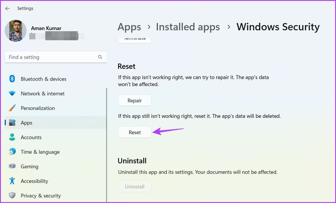 Reset button in Settings