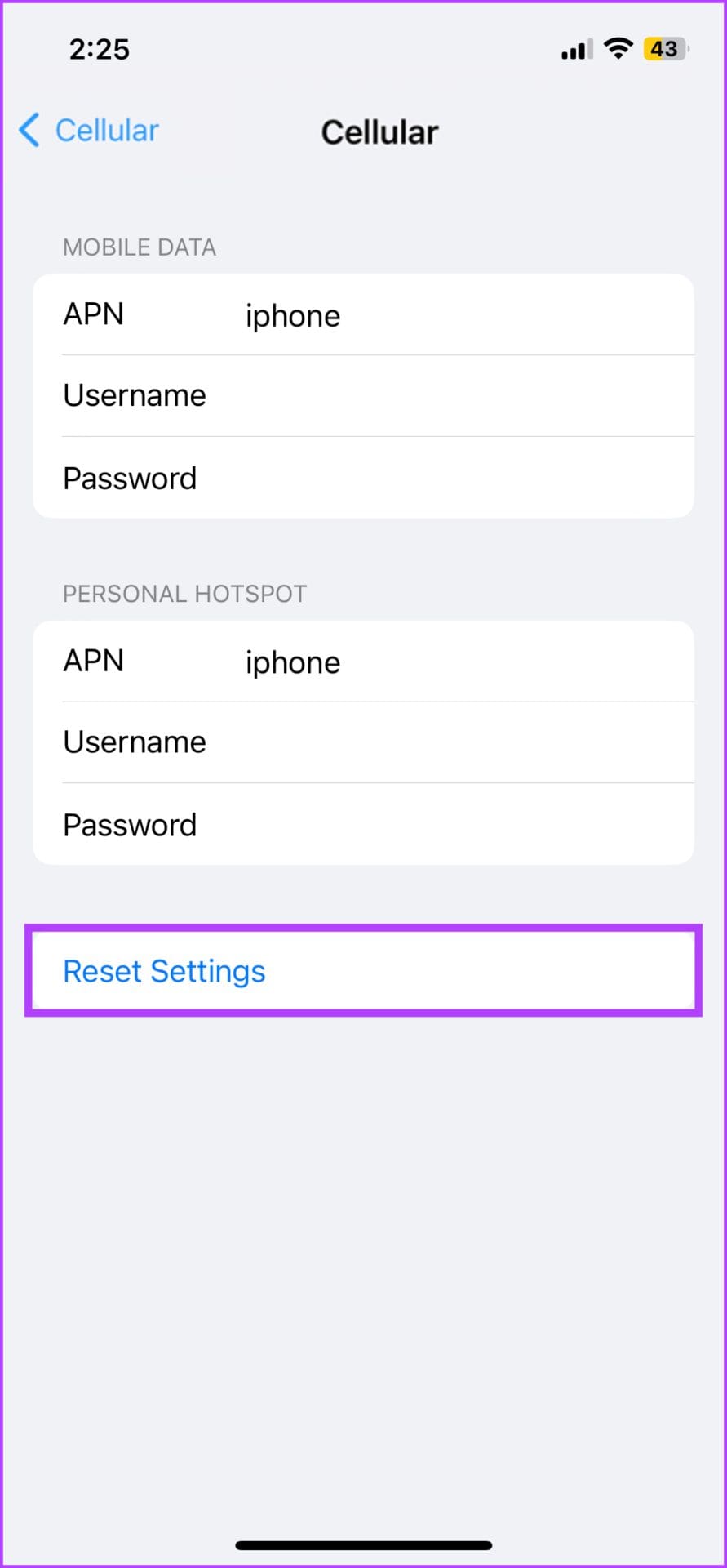 Tap Reset Settings to Reset iPhone APN settings