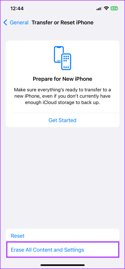 Tap Erase All Content and Settings to reset iPhone