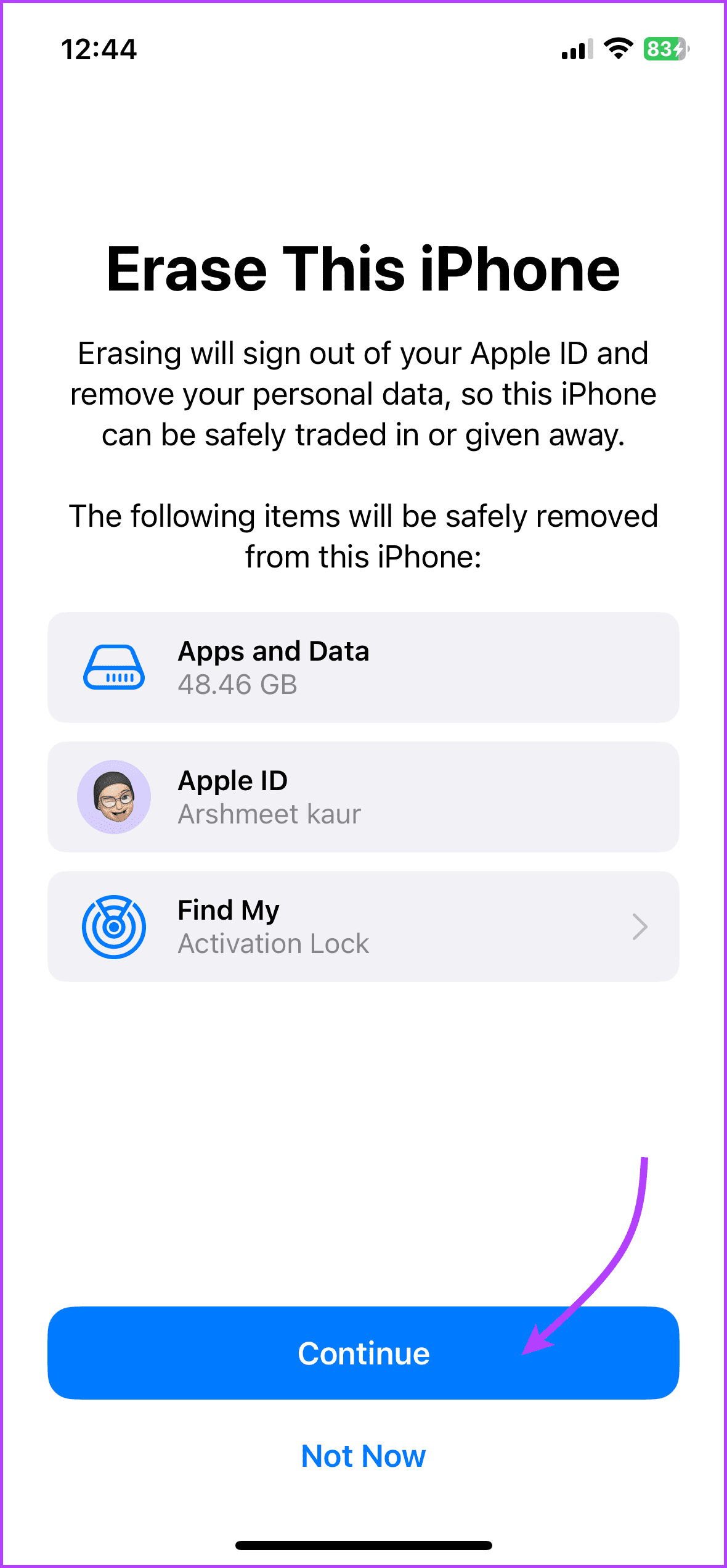 Tap Continue to reset your iPhone