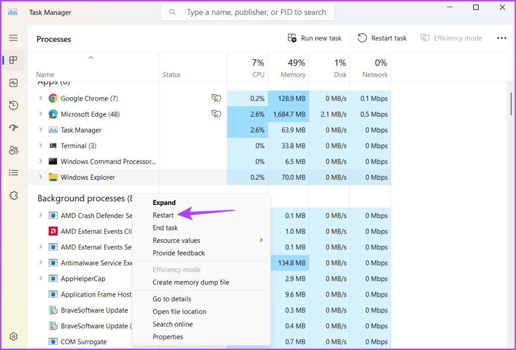 Restart option in Task manager