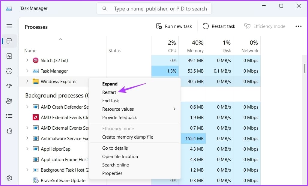 _Restart File Explorer option in Task Manager