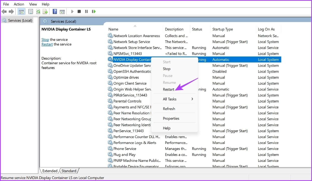 Restart Services in Services window