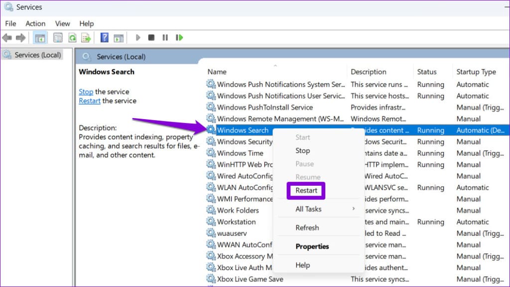 Restart Windows Search Service