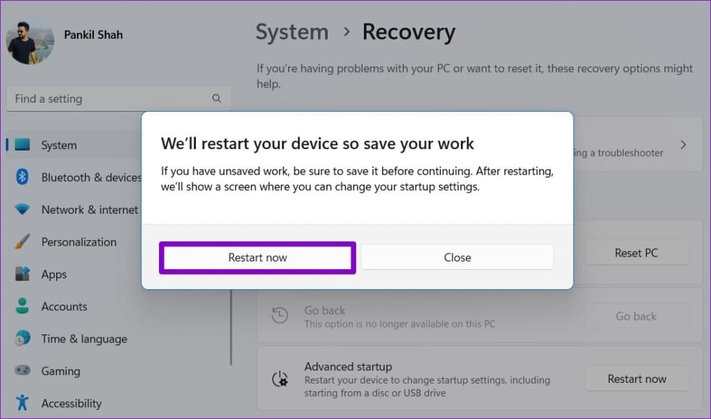 Restart Windows to Access Advanced Startup Options