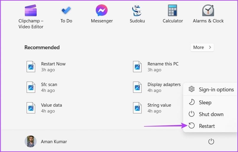 Restart option in Start Menu