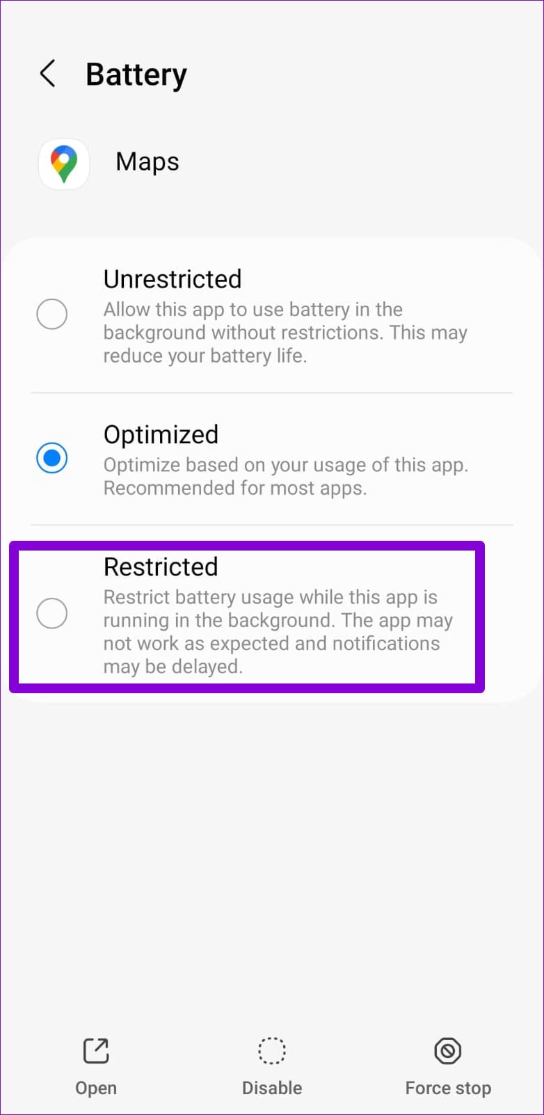 Restrict Battery Usage for Google Maps on Android