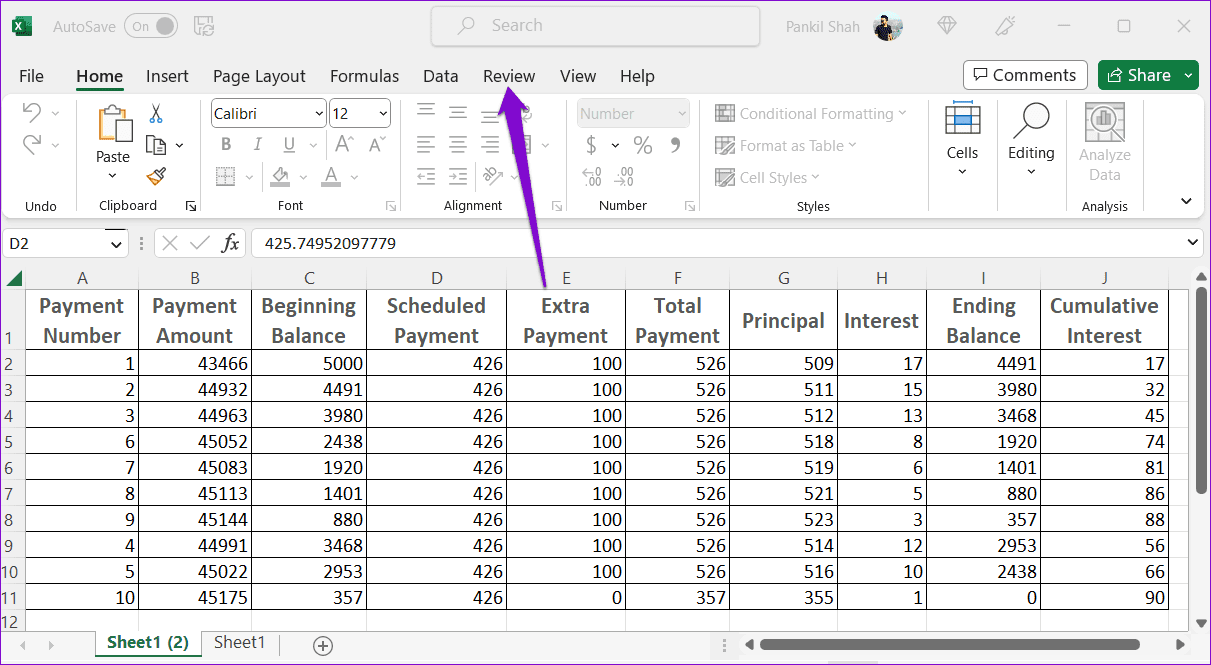 Review Tab in Excel