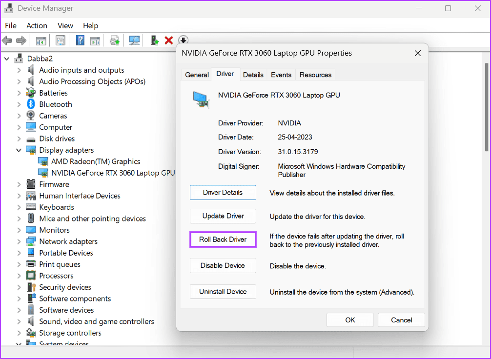 Roll back NVIDIA GPU driver in Device Manager