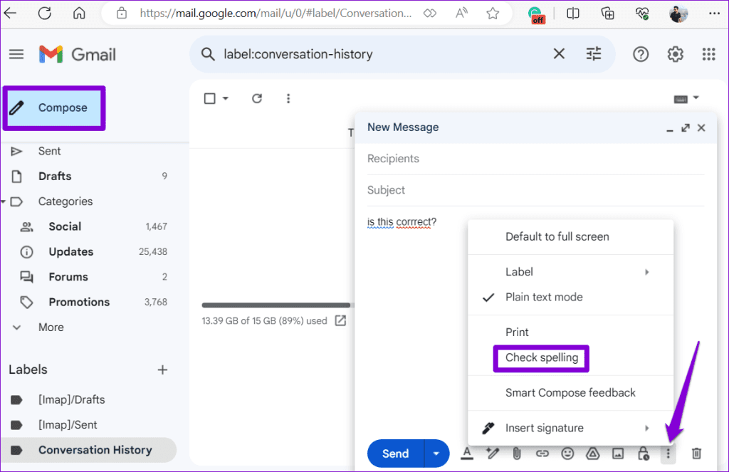 Run Gmail Spell Check Manually