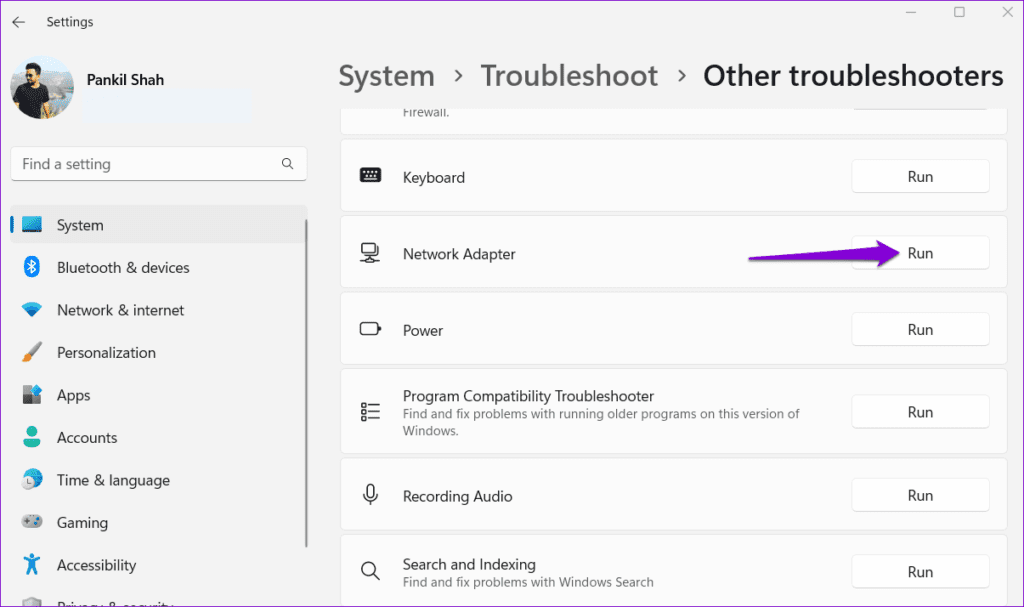 Run Network Adapter Troubleshooter on Windows 11