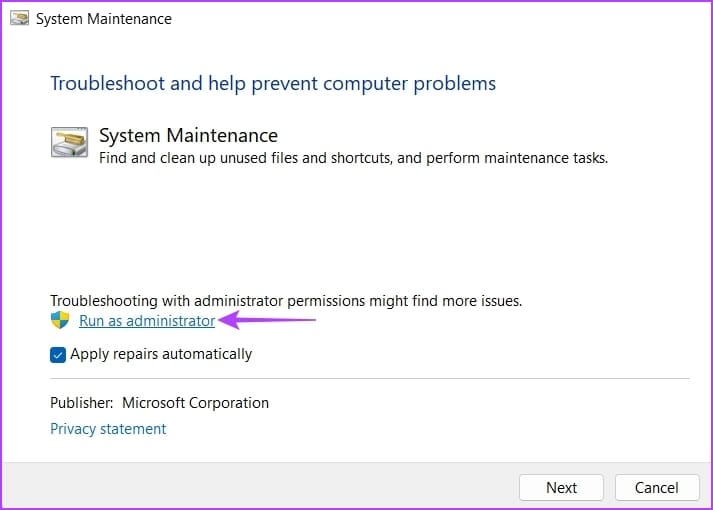 Run as admin of troubleshooter