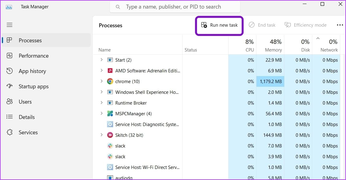 Run-new-task option in the Task Manager