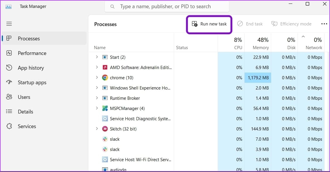 Run new task in the Task Manager