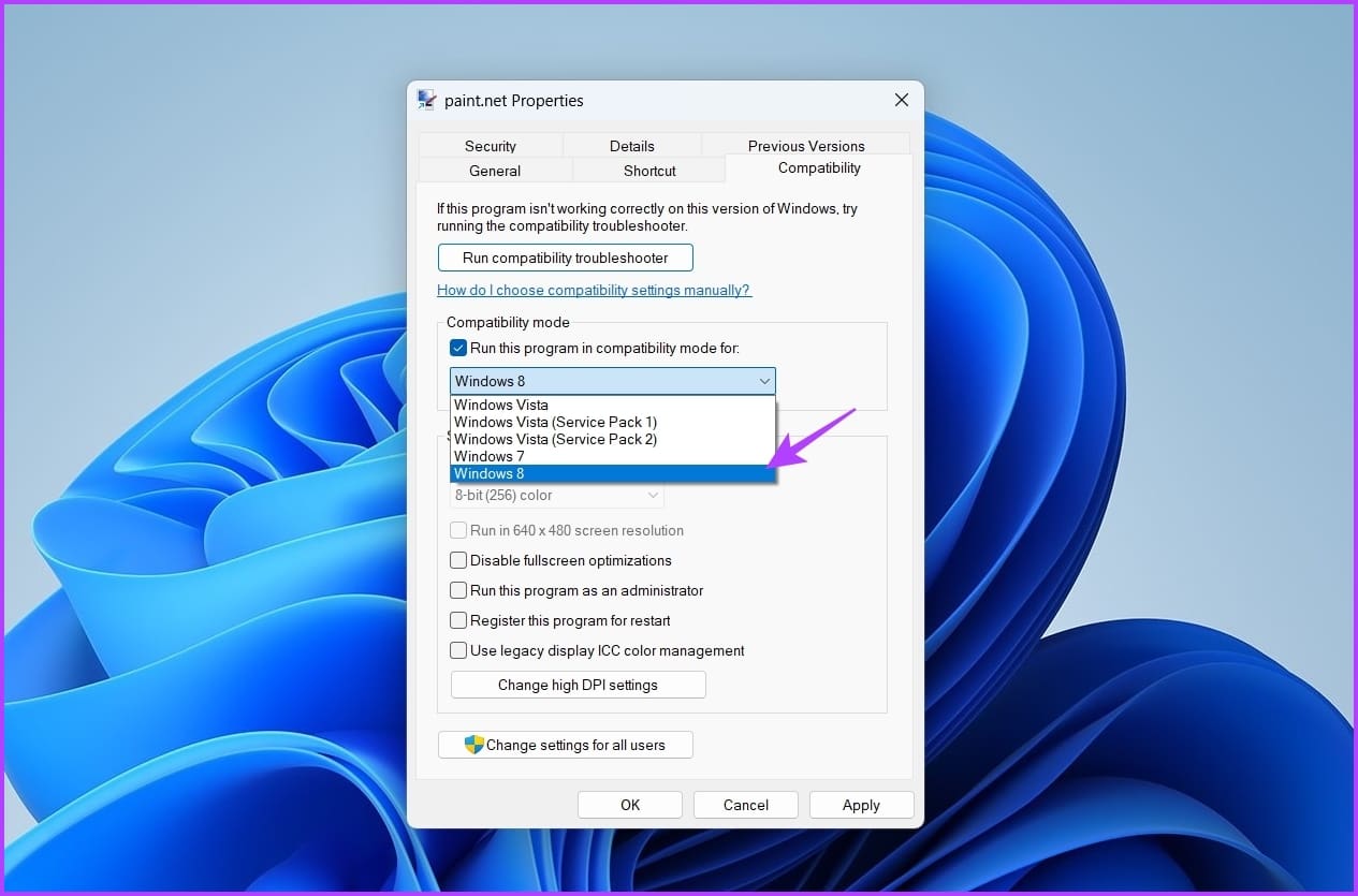 Run this program in compatibility mode for option in System properties