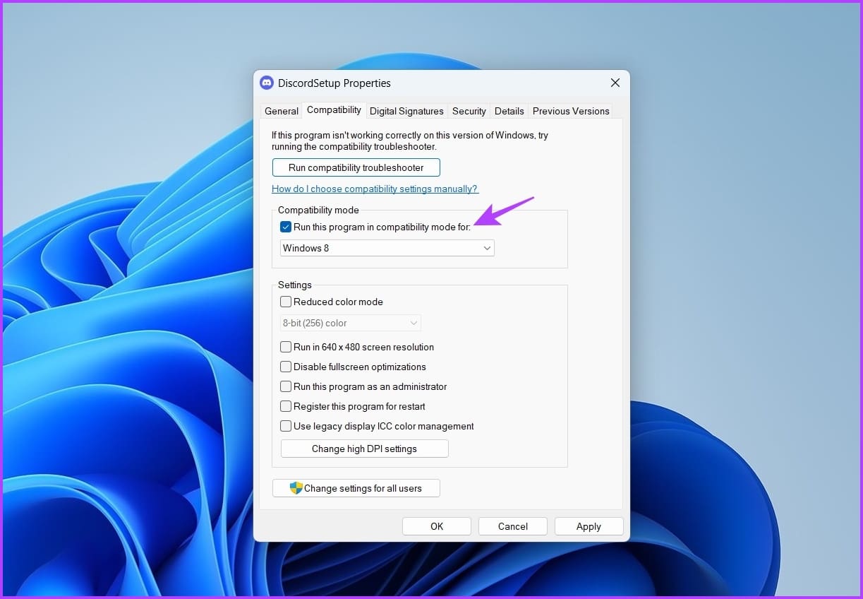 Run this program in compatibility mode option of Discord
