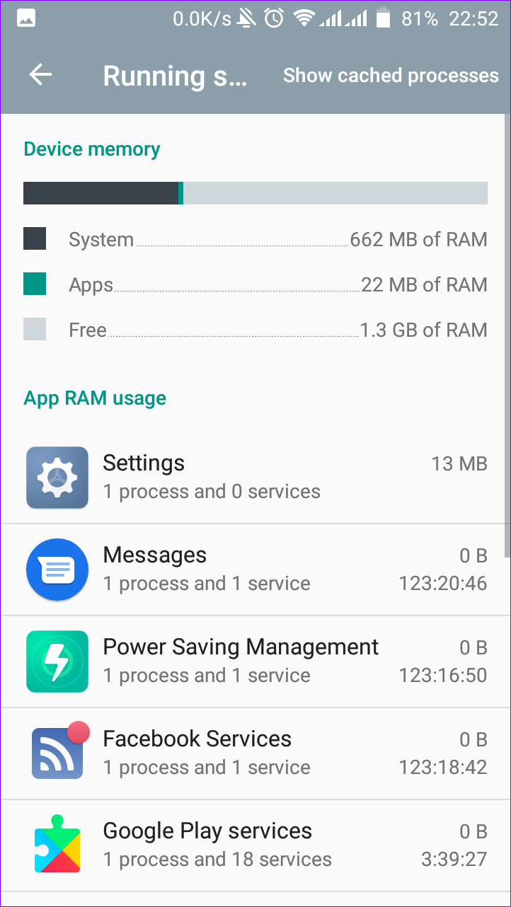 Running services Android settings