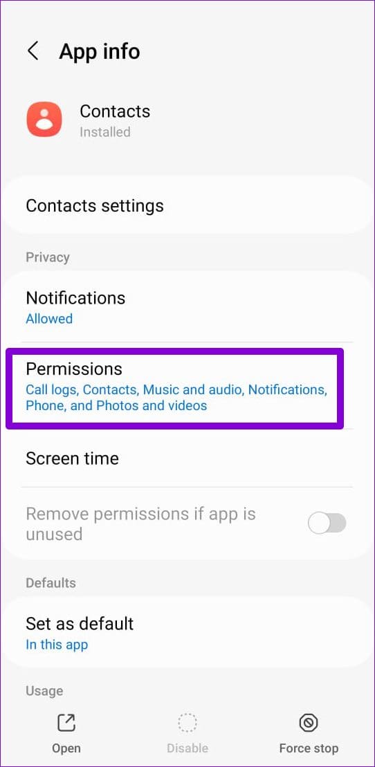 Samsung Contacts App Info
