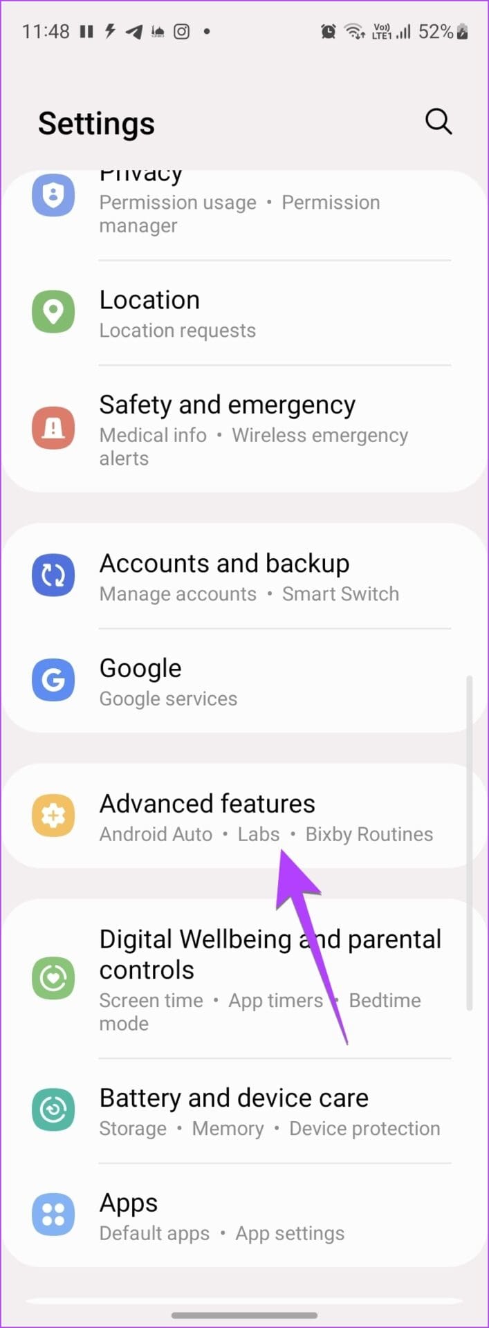 Samsung Settings Advanced Features