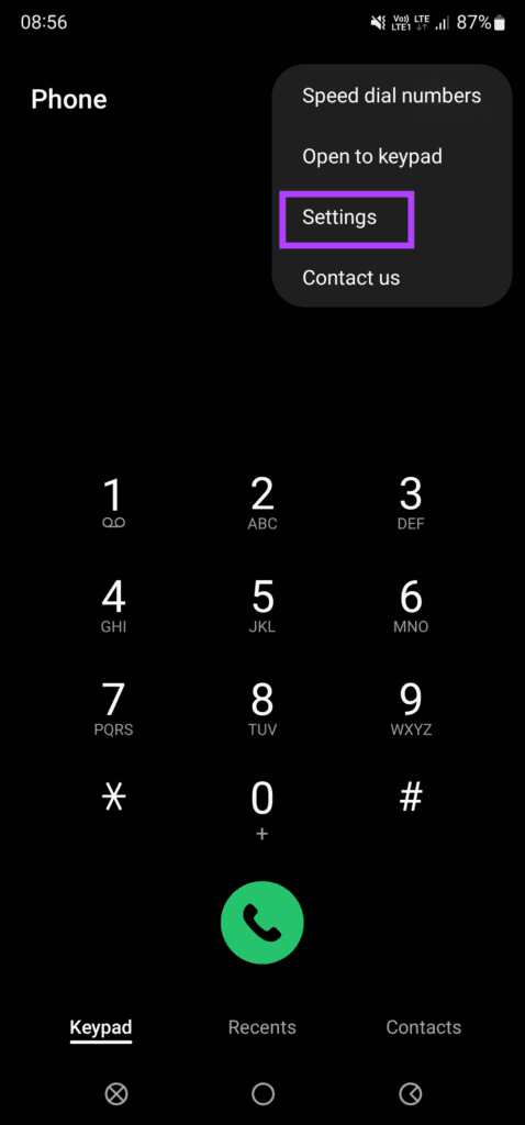 Settings on dialer app