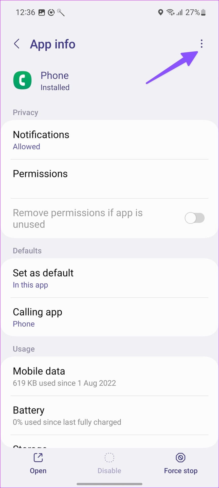 Open more menu in Phone app