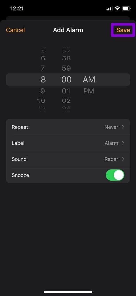 Save New Alarm on i Phone