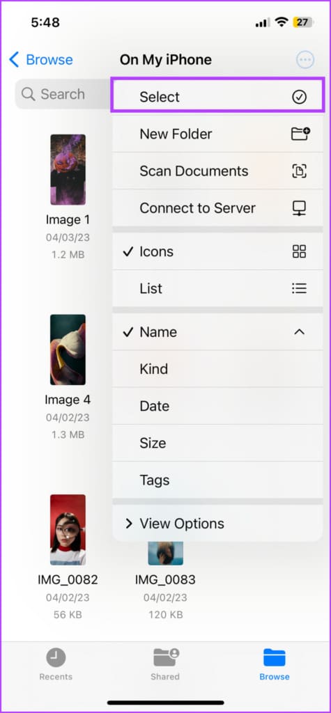 Tap three-dot icon and then Select
