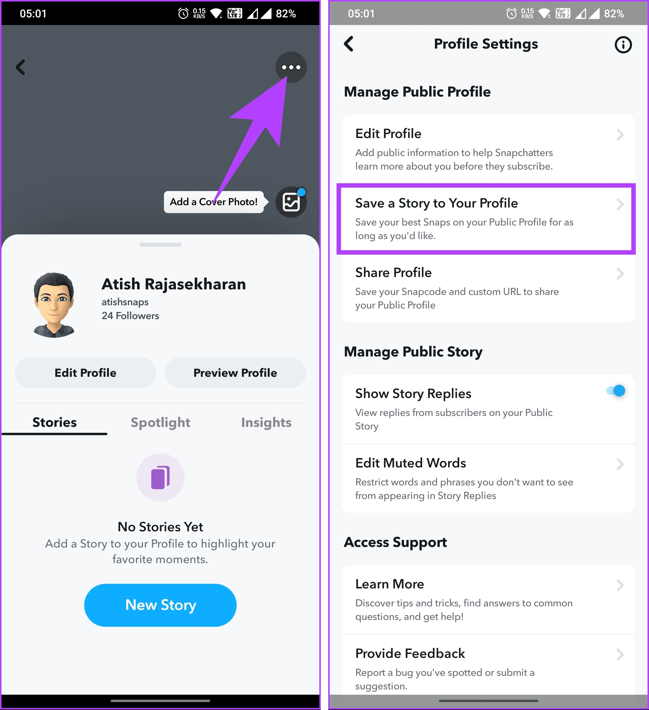 choose 'Save a Story to Your Profile'