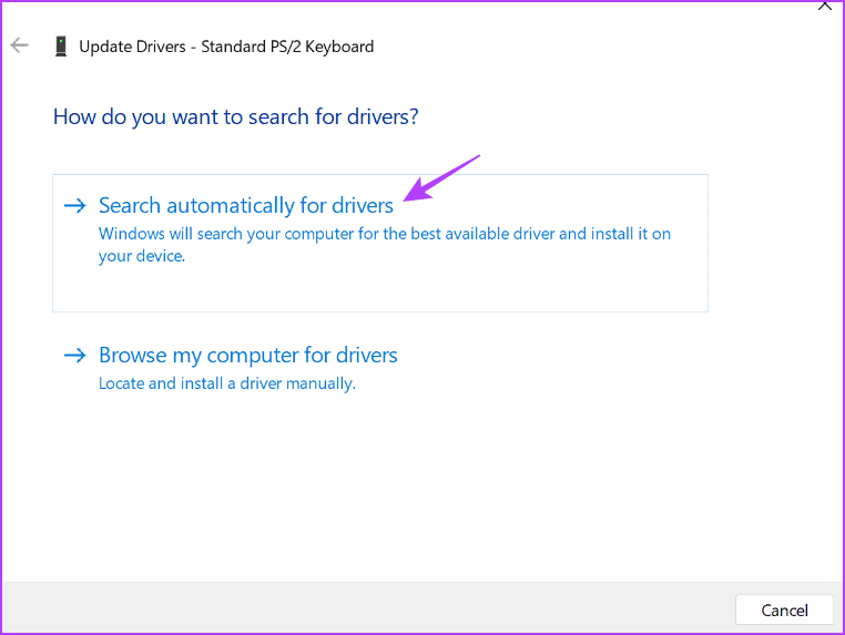 Search automatically for drivers option in Device Manager