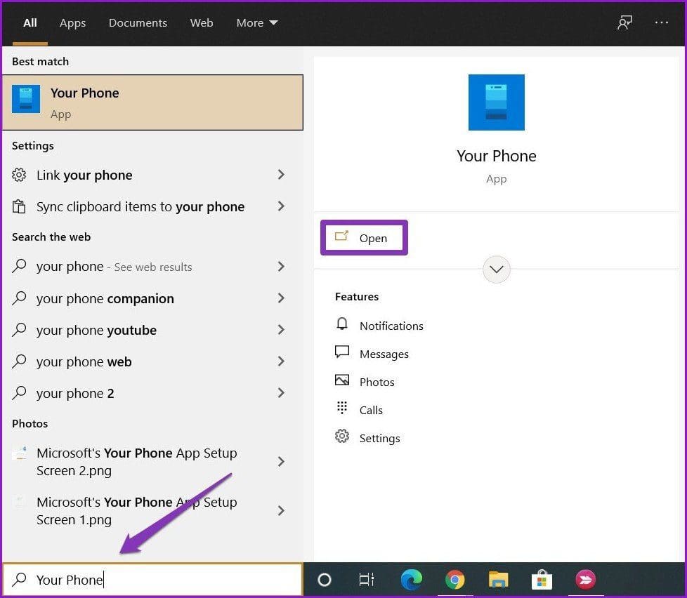 Search for Your Phone app on Windows 10